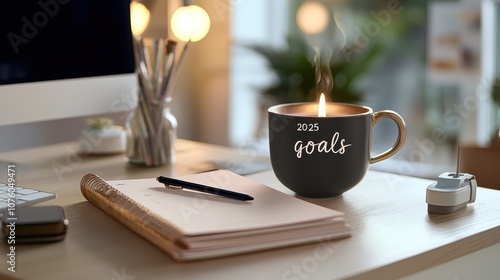 A cozy workspace featuring a lit candle, a coffee cup labeled 