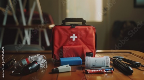 A compact emergency kit is arranged neatly on a wooden table, featuring essential survival tools, first-aid supplies, and a flashlight