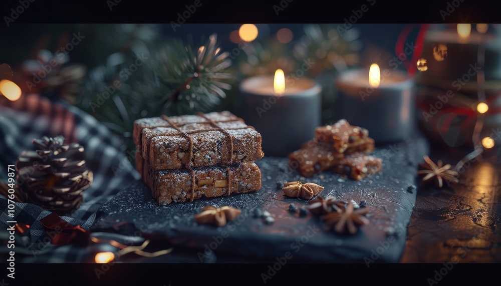 Christmas panettone with powdered sugar, anise, and pine branch on dark background. Christmas panettone with powdered sugar, anise, and pine branch on dark background.