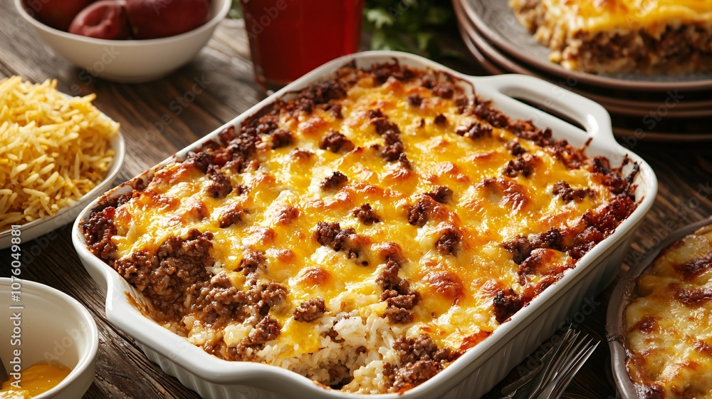 Deliciously Baked Casserole with Ground Meat and Cheese on Rustic Table Surrounded by Side Dishes and Fresh Ingredients for Professional Culinary Photography Deliciously Baked Casserole with Ground Meat and Cheese on Rustic Table Surrounded by Side Dishes and Fresh Ingredients for Professional Culinary Photography