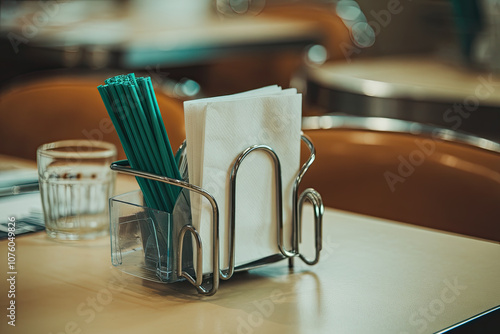 Paper napkin holder and straw dispenser on a small diner table photo