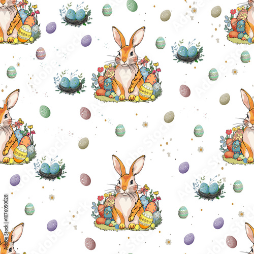 Colorful Easter bunny surrounded by eggs and flowers on a white background. Easter Pattern with Colorful Eggs and Bunny Ears on White