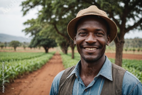 Close portrait of a smiling 40s Kenyan male farmer standing and looking at the camera, outdoors Kenyan rural blurred background