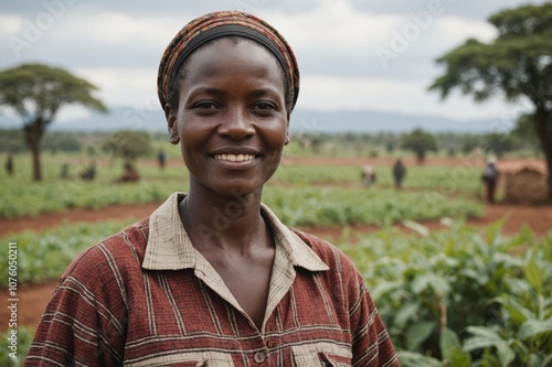 Close portrait of a smiling 40s Kenyan female farmer standing and looking at the camera, outdoors Kenyan rural blurred background photo