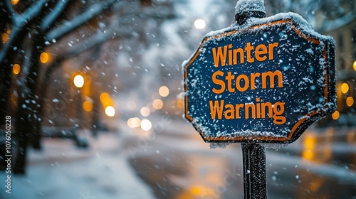 A warning sign stands firm in the midst of a heavy snowfall, displaying a winter storm alert. Blurred street lights illuminate the snowy road, creating a serene yet cautionary atmosphere