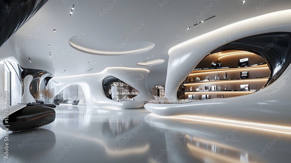 22. A high-tech 3D showcase with dynamic shapes and reflective surfaces, leaving a clear empty space for a product. 22. A high-tech 3D showcase with dynamic shapes and reflective surfaces, leaving a clear empty space for a product.