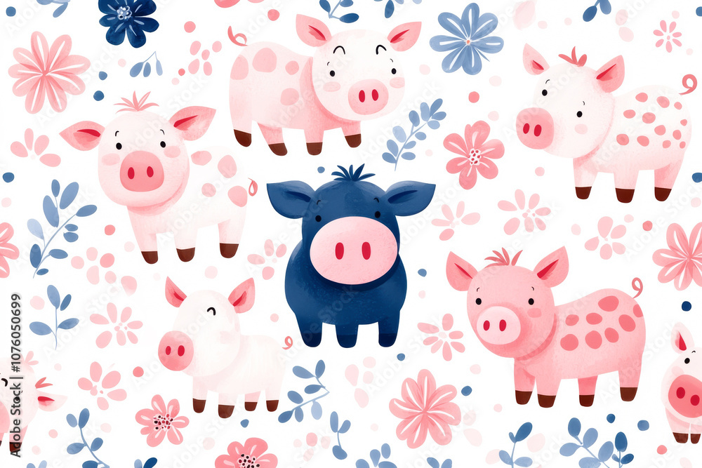 Fototapeta premium Cute cartoon farm animals surrounded by colorful flowers and whimsical designs.