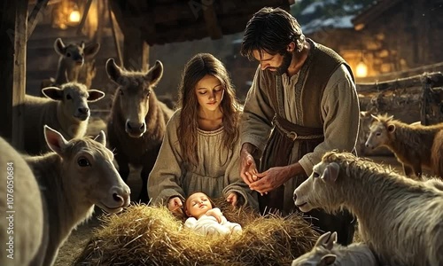 Nativity Scene with Holy Family and Animals photo