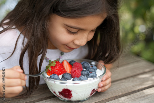 Girl enjoying a bowl of yogurt topped with fresh berries photo