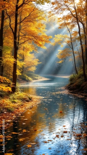 Sunlit Autumn River with Golden Leaves and Trees, Tranquil Nature Landscape Photography phone wallpaper