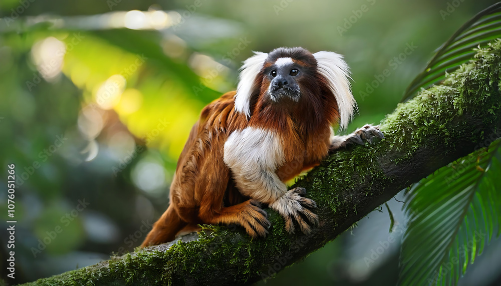 Naklejka premium Tamarin monkey perched on a branch in a vibrant tropical rainforest
