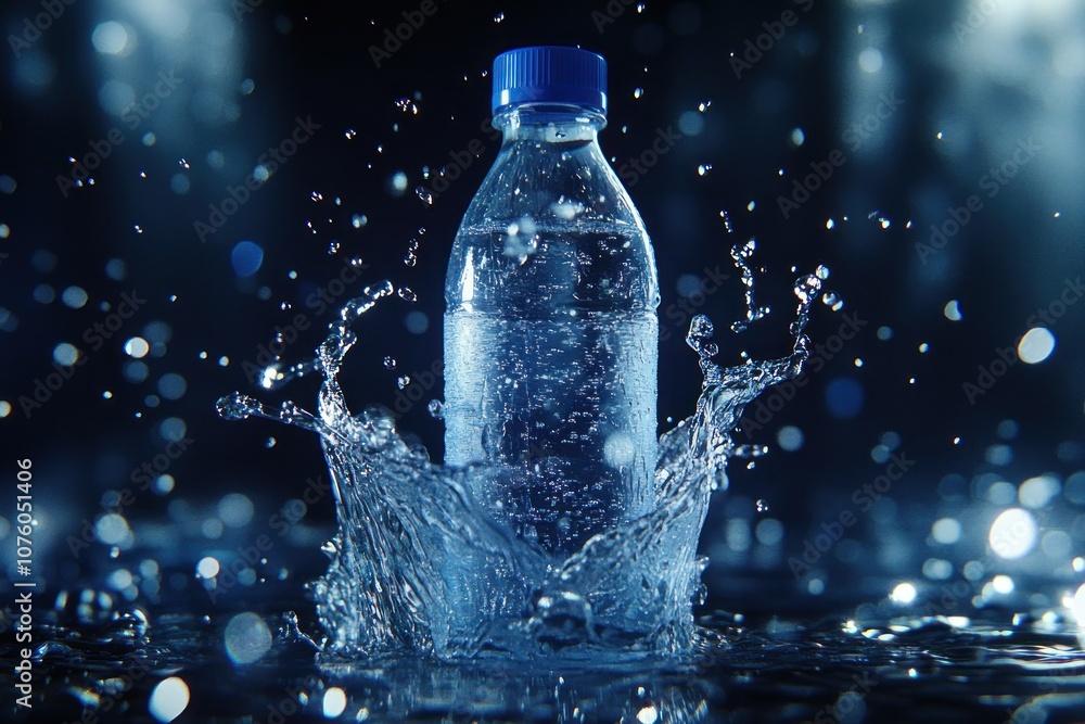 Splashing Water Bottle with Blue Cap on Dark Background Splashing Water Bottle with Blue Cap on Dark Background