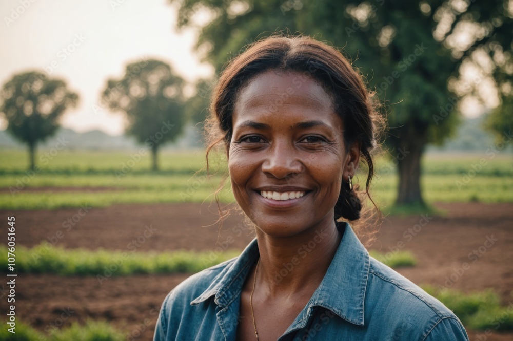 Close portrait of a smiling 40s Lesothan female farmer standing and looking at the camera, outdoors Lesothan rural blurred background Close portrait of a smiling 40s Lesothan female farmer standing and looking at the camera, outdoors Lesothan rural blurred background