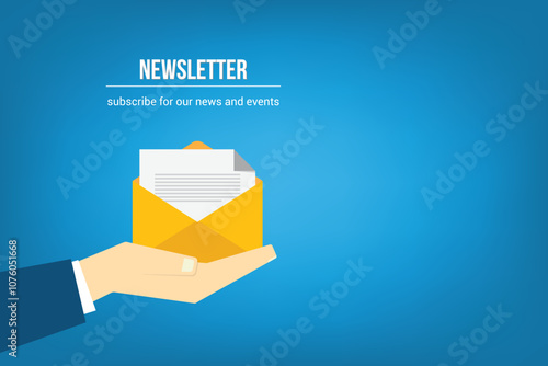 Newsletter. vector illustration of email marketing. subscription to newsletter, news, offers, promotions. a letter and envelope. subscribe, submit. send by mail.	