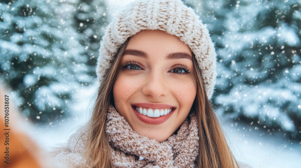 Close-up portrait of a smiling woman in a knitted hat and scarf, with snowflakes falling around her. Close-up portrait of a smiling woman in a knitted hat and scarf, with snowflakes falling around her.