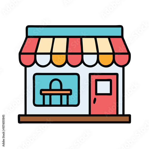Restaurant storefront icon with red awning, Vector illustration of a restaurant storefront featuring a red and pink awning, with window decor showing a spoon and fork, symbolizing a food establishment