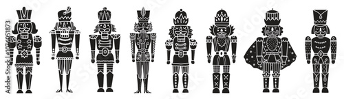 Nutcracker silhouette set. Collection of minimalistic icons for site. Toy or mascot for children. Stickers for social networks and messengers. Flat vector illustrations isolated on white background
