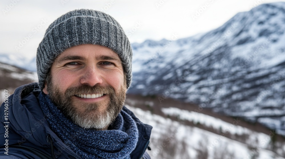 Smiling Man in Winter Gear with Mountain Background Smiling Man in Winter Gear with Mountain Background