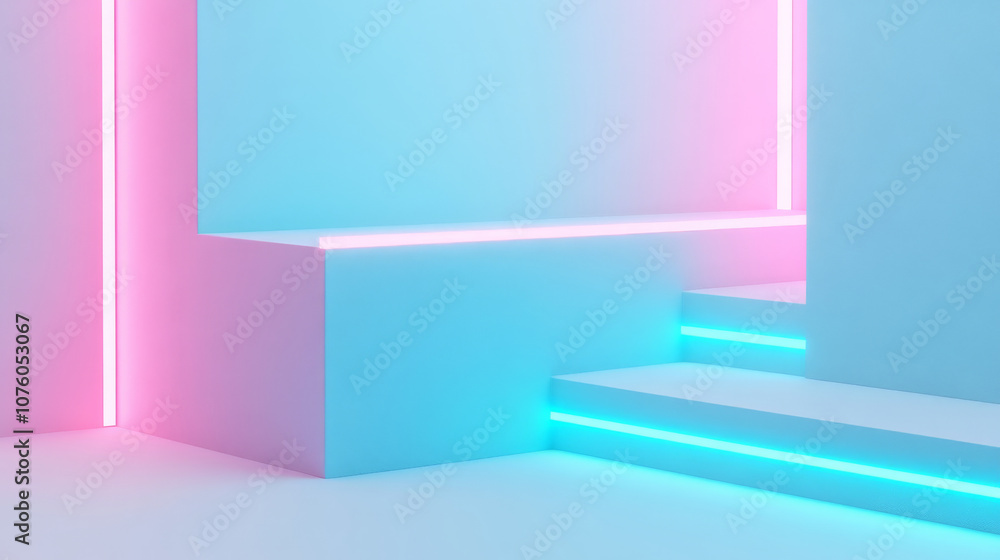 Modern angled block design with ice blue and pink luminous lines creating vibrant atmosphere. Ideal for contemporary backgrounds and artistic displays Modern angled block design with ice blue and pink luminous lines creating vibrant atmosphere. Ideal for contemporary backgrounds and artistic displays