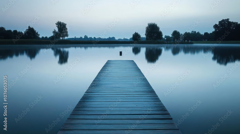 Fototapeta premium A serene wooden pier extends into a calm lake, reflecting the tranquil surroundings at dusk.