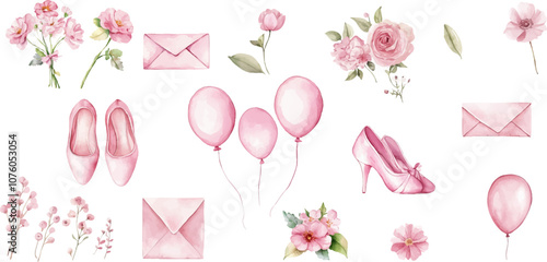 Set of pink ballet shoes, balloons and flowers with envelope clipart on a white background.