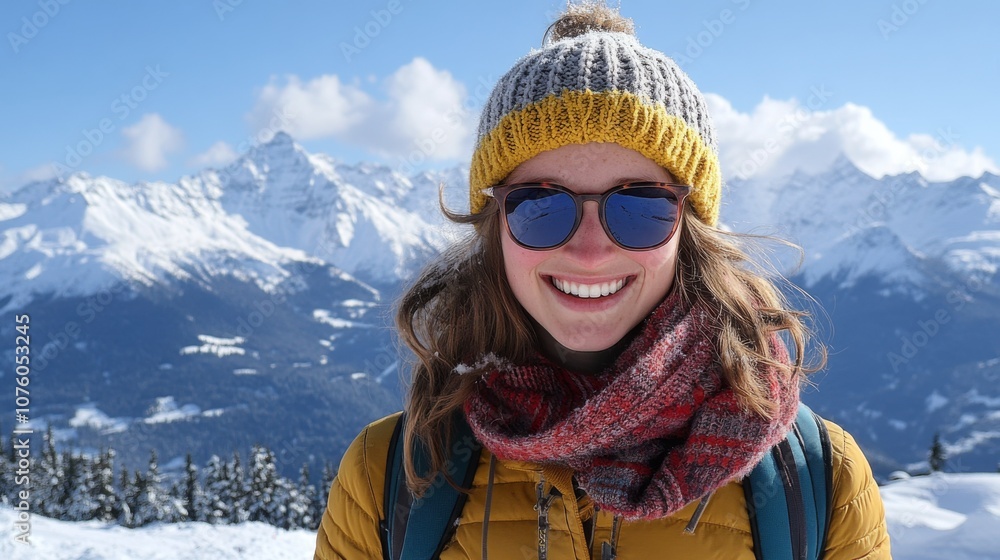 Woman Smiling in Winter with Snowy Mountains in Background Woman Smiling in Winter with Snowy Mountains in Background