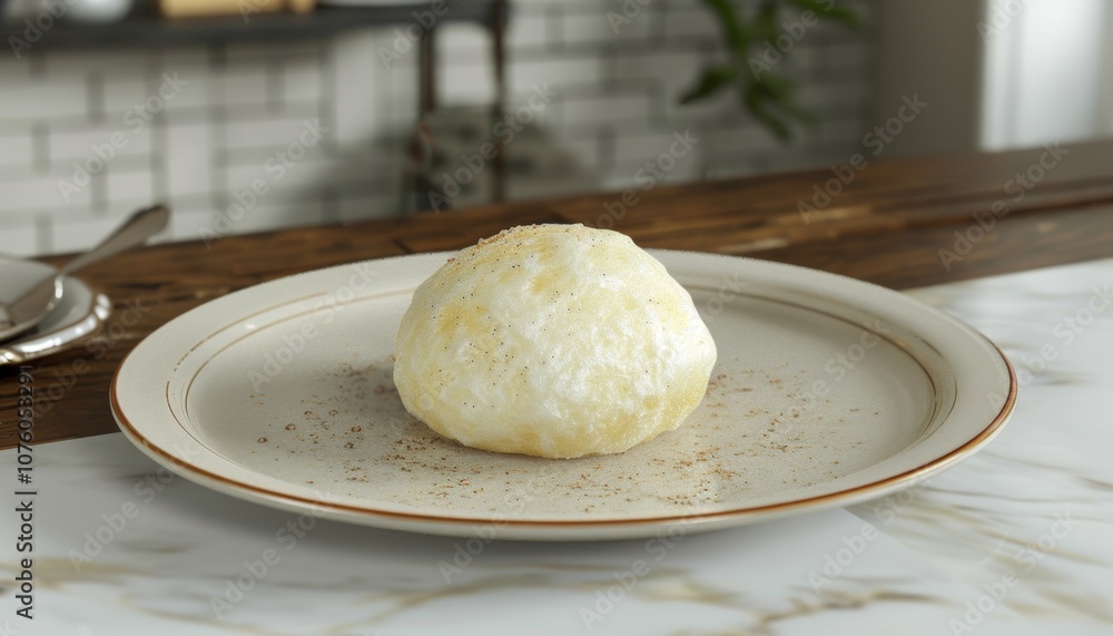 A white, round dessert, possibly a souffle or a meringue, is presented on a white plate with a brown rim. The dessert is dusted with brown sugar or cinnamon. The plate is on a wood-grain surface. A white, round dessert, possibly a souffle or a meringue, is presented on a white plate with a brown rim. The dessert is dusted with brown sugar or cinnamon. The plate is on a wood-grain surface.