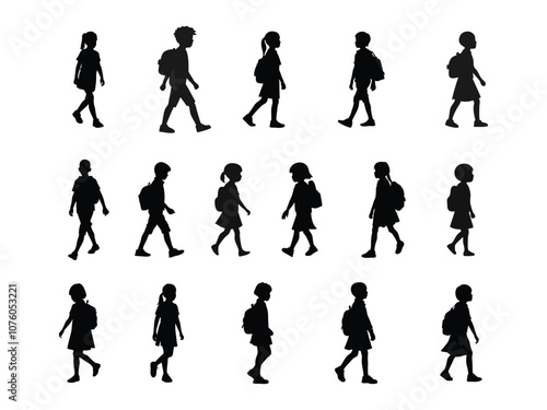 Kid student black silhouette, school children silhouette, kids back to school silhouette, vector illustration, on white background.