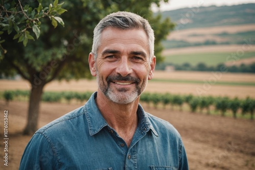 Close portrait of a smiling 40s Maltese male farmer standing and looking at the camera, outdoors Maltese rural blurred background