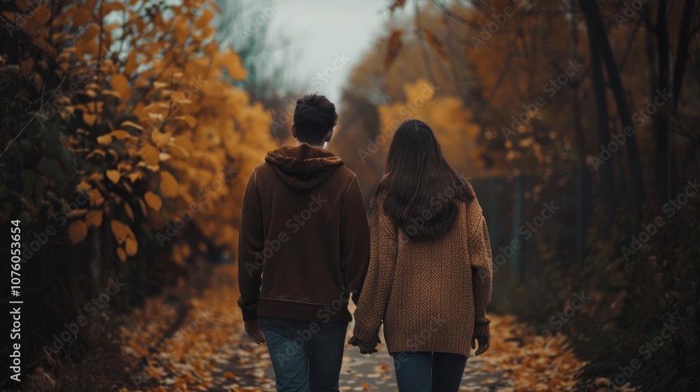 A couple walks hand in hand down a tranquil path adorned with fallen leaves, surrounded by warm autumn tones A couple walks hand in hand down a tranquil path adorned with fallen leaves, surrounded by warm autumn tones