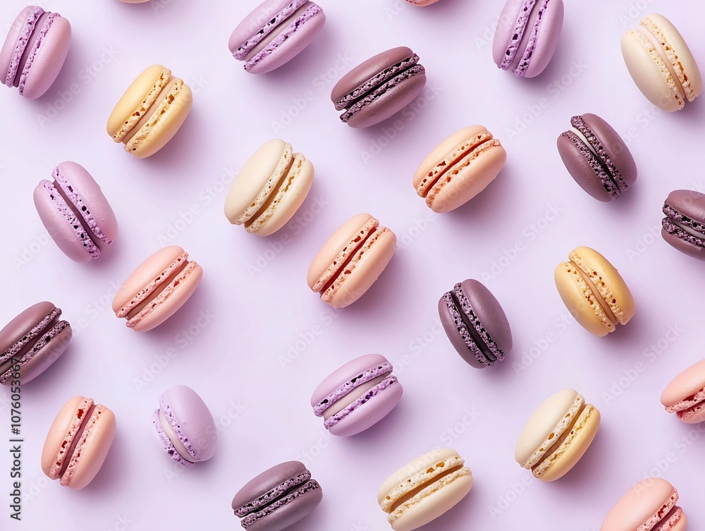 A delicate 3D pattern of pastel colored macarons floating against a lavender background capturing the sweetness and elegance of French patisserie