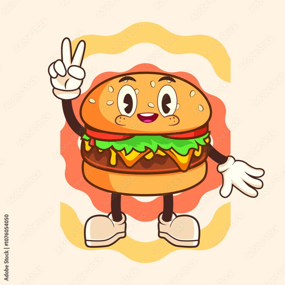 Fototapeta premium PEACE BURGER VINTAGE MASCOT CHARACTER ILLUSTRATION