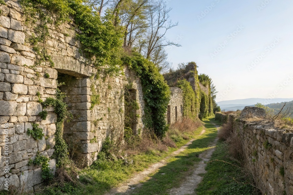 Crumbling stone walls with vines and moss, rugged terrain, overgrowth, crumbling stone, erosion, weathered Crumbling stone walls with vines and moss, rugged terrain, overgrowth, crumbling stone, erosion, weathered