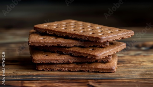 A stack of five chocolate graham crackers on a wooden table.