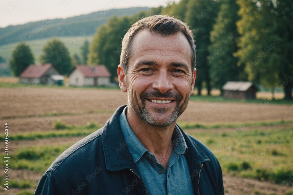 Close portrait of a smiling 40s Moldovan male farmer standing and looking at the camera, outdoors Moldovan rural blurred background Close portrait of a smiling 40s Moldovan male farmer standing and looking at the camera, outdoors Moldovan rural blurred background