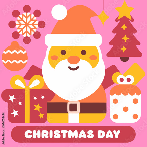 Christmas Day Cheer: A festive and colorful illustration of Santa Claus, surrounded by Christmas icons, radiating joy and holiday spirit. Perfect for greeting cards, social media posts.