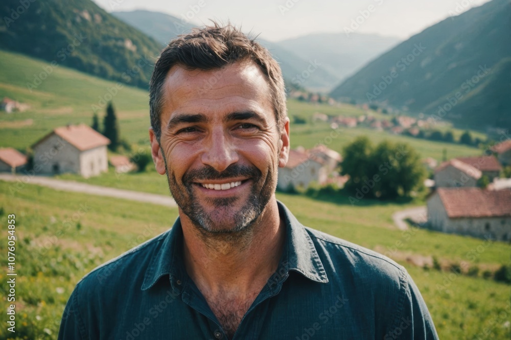 Close portrait of a smiling 40s Montenegrin male farmer standing and looking at the camera, outdoors Montenegrin rural blurred background Close portrait of a smiling 40s Montenegrin male farmer standing and looking at the camera, outdoors Montenegrin rural blurred background