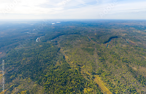 Bazhukovo, Russia. River Serga. Autumn landscape. Deer streams. Nature park in a wooded area, famous for its rich flora. Aerial view photo