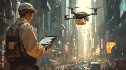 A delivery drone flying over a busy commercial district, carrying a small parcel, the delivery worker wearing a uniform and monitoring the drone’s flight path on a tablet,