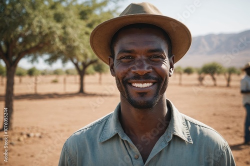 Close portrait of a smiling 40s Namibian male farmer standing and looking at the camera, outdoors Namibian rural blurred background