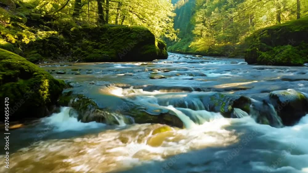 A serene river flows through a lush green forest, showcasing nature's beauty and tranquility. A serene river flows through a lush green forest, showcasing nature's beauty and tranquility.