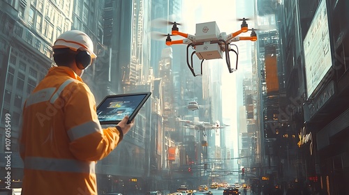 A delivery drone flying over a busy commercial district, carrying a small parcel, the delivery worker wearing a uniform and monitoring the drone’s flight path on a tablet,