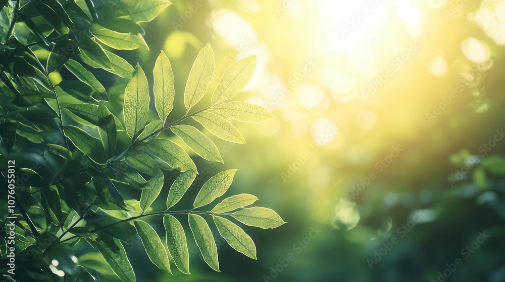 Vibrant green leaves basking in warm sunlight, creating a serene and refreshing natural atmosphere. Vibrant green leaves basking in warm sunlight, creating a serene and refreshing natural atmosphere.