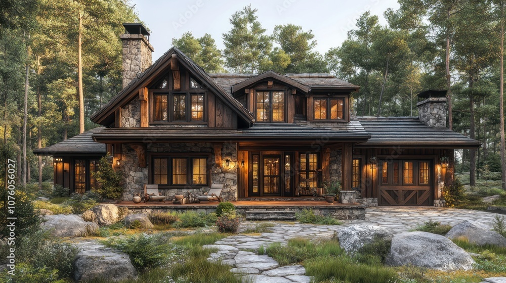Cozy mountain cabin surrounded by trees and natural landscaping. Cozy mountain cabin surrounded by trees and natural landscaping.