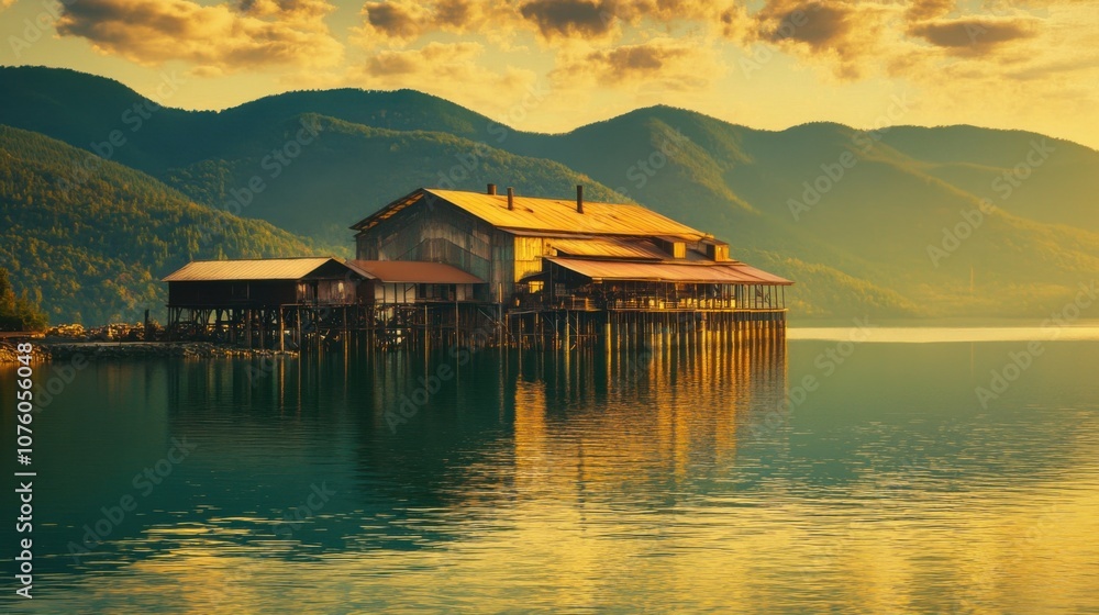 Fototapeta premium Calm Evening at Lake with Reflective Surface and Mountains