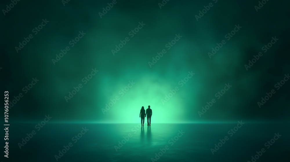 Silhouetted figures in a mysterious green light, symbolizing introspection and tranquility. Silhouetted figures in a mysterious green light, symbolizing introspection and tranquility.