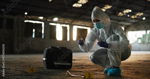 Person, swab and investigation at crime scene, blood sample and discovery of dna marker. Professional, homicide evidence and hazmat suit for safety, forensics expert and search for clues in case photo