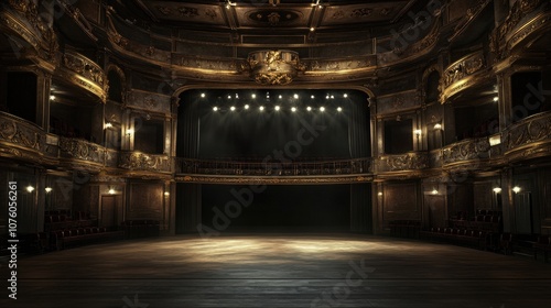 Wallpaper Mural Elegant and Historic Theater Interior with Dramatic Lighting, Empty Stage and Rich Architectural Details Inviting Performance and Creativity Torontodigital.ca
