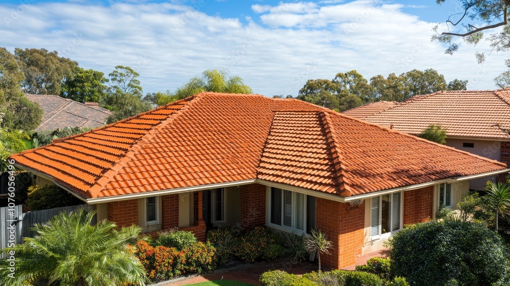 Aerial view of a charming residential home with vibrant red tiled roof surrounded by lush greenery and bright blue skies highlighting a peaceful suburban neighborhood atmosphere Aerial view of a charming residential home with vibrant red tiled roof surrounded by lush greenery and bright blue skies highlighting a peaceful suburban neighborhood atmosphere