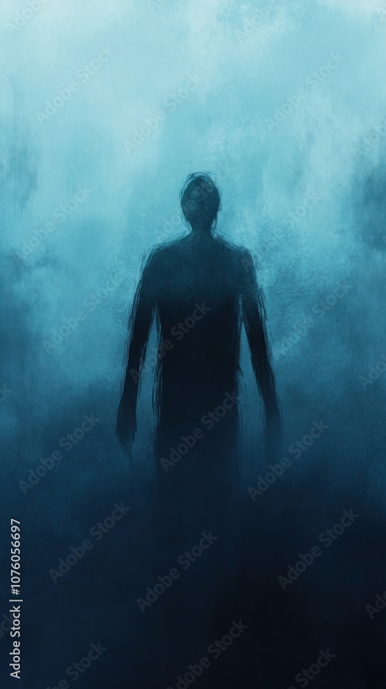 Fototapeta premium A shadowy figure emerges from dense fog, creating a mysterious and eerie atmosphere.